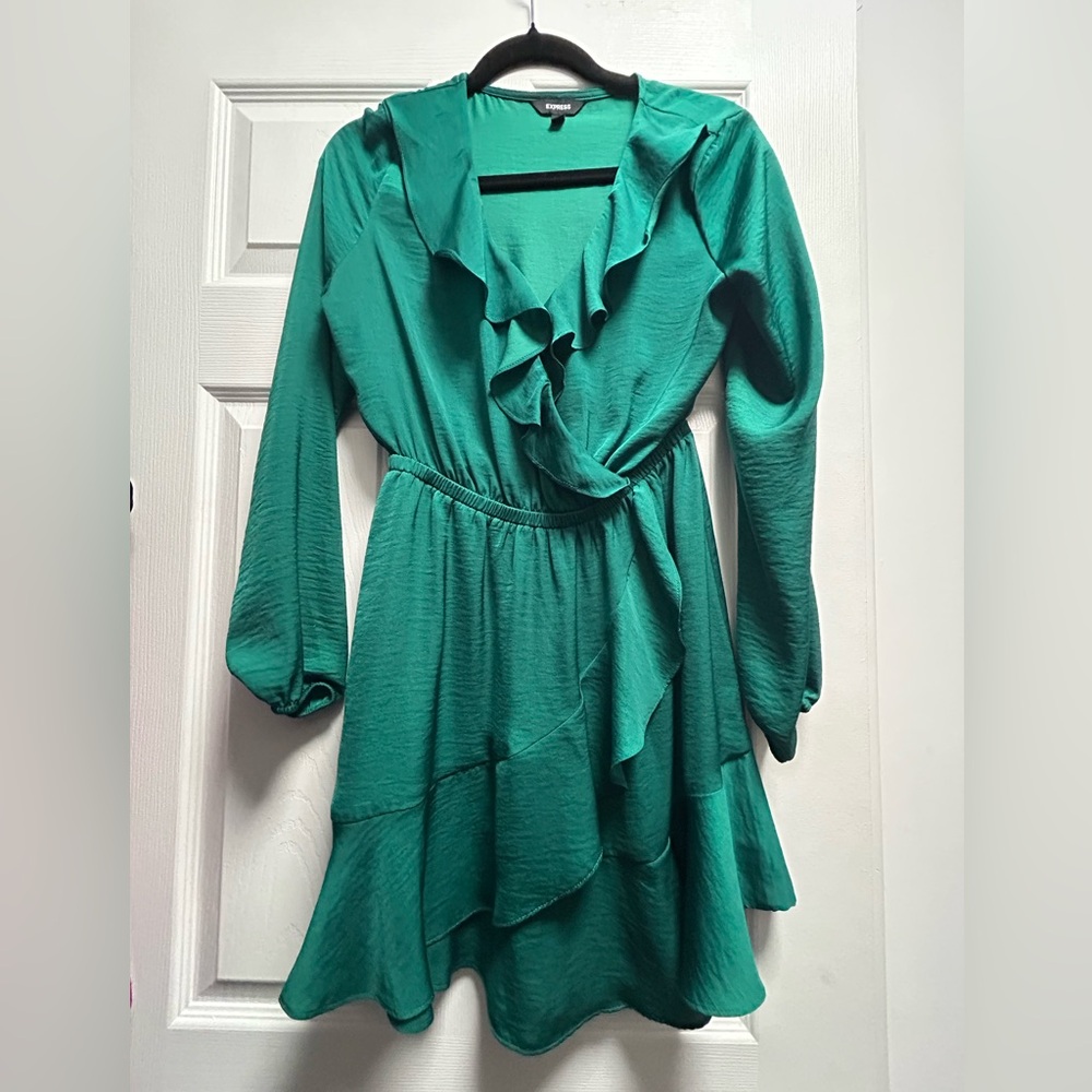 Express Green Wrap Ruffled Dress with Bishop Sleeves